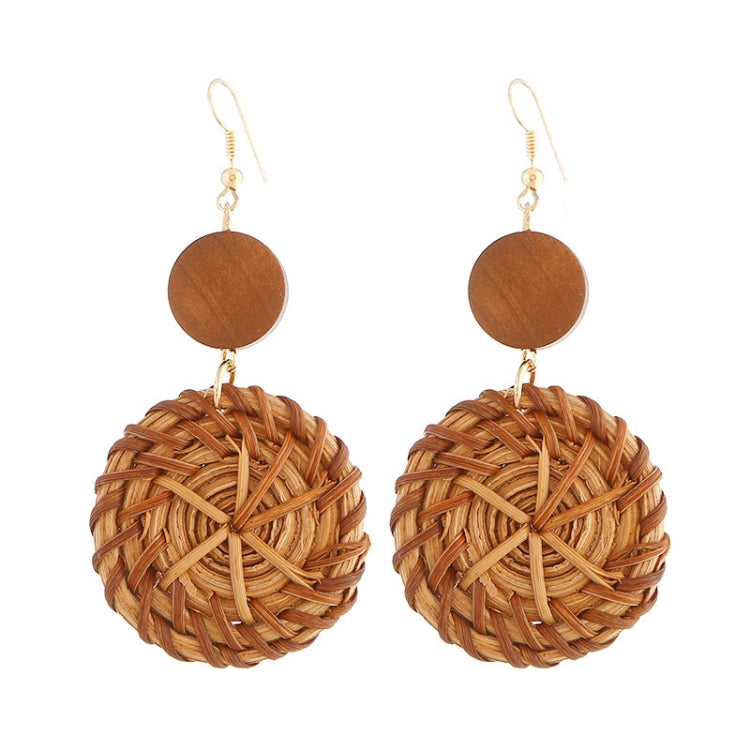 Bamboo vine woven earrings with dark brown round top and woven brown ball dangle