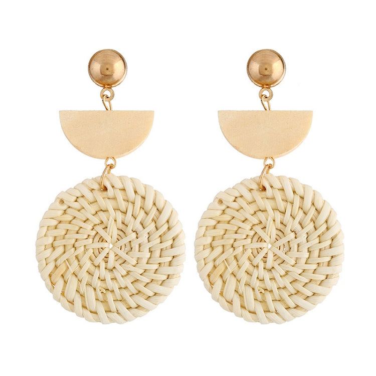 Bamboo vine woven earrings with tan half-moon cap and round cream woven dangle