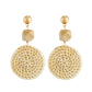 Bamboo vine woven earrings with tan faceted top and round cream woven dangle, gold hooks