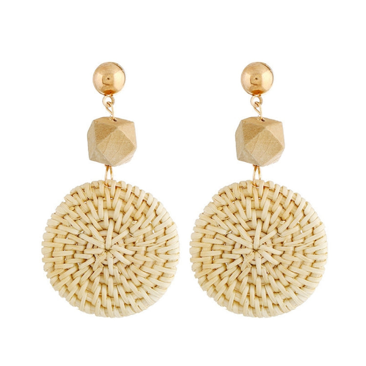 Bamboo vine woven earrings with tan faceted top and round cream woven dangle, gold hooks