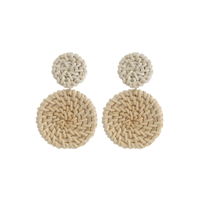 Bamboo vine woven earrings with stacked round discs in light beige on hook wires