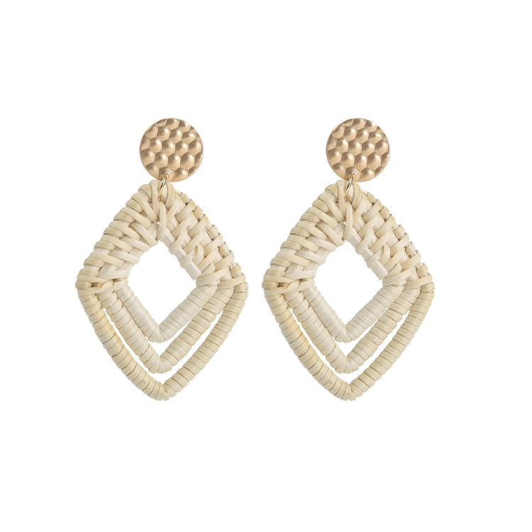 Bamboo vine woven earrings with textured gold cap and cream V-shaped drop, gold hook