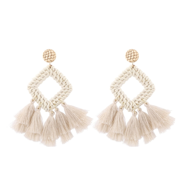 Bamboo vine woven earrings with white lattice diamond and fluffy white tassel fringe