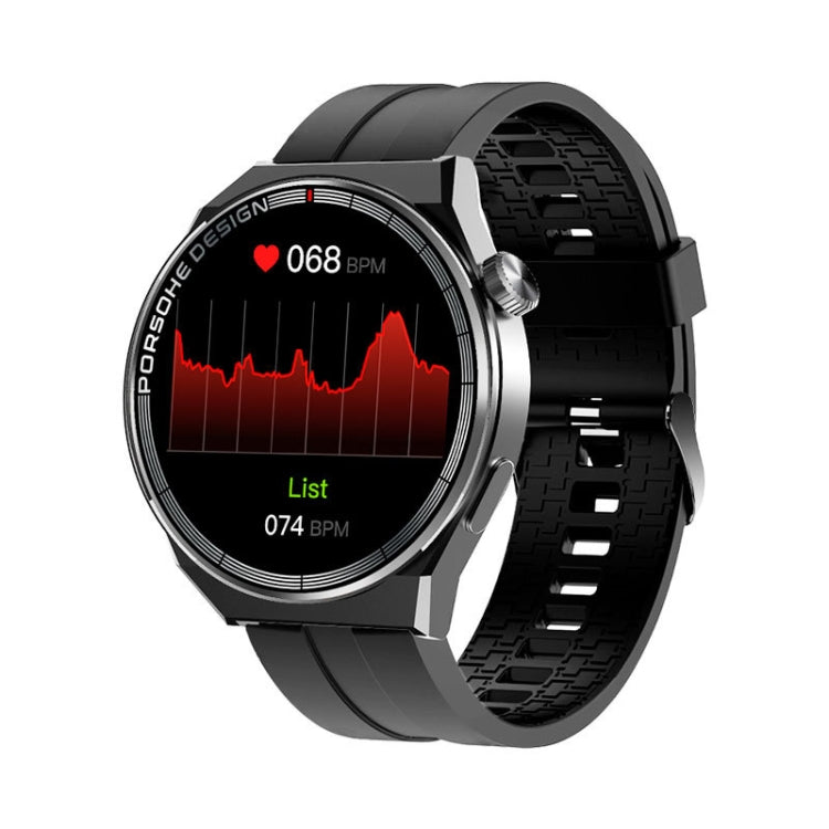 Black smart sports watch with round touch screen and textured silicone strap
