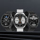 Three smartwatch views showing round displays in black and silver with silicone straps