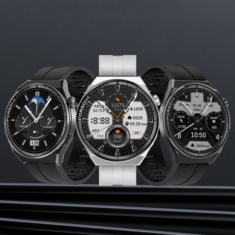 Three smartwatch views showing round displays in black and silver with silicone straps