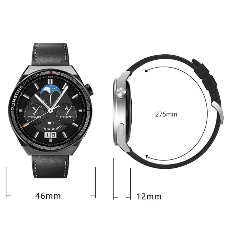Black smartwatch with round display and black leather strap, side profile shown