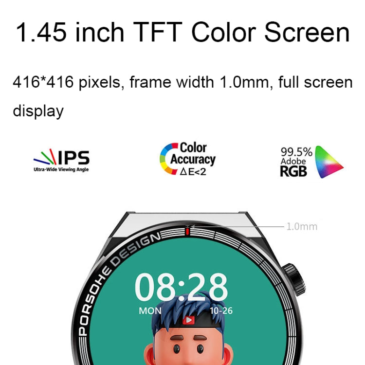 1.45-inch TFT color screen smartwatch with full display and slim 1.0mm bezel