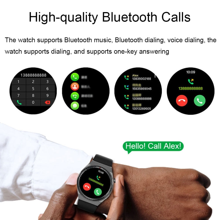 Black smartwatch worn on wrist with Bluetooth call interface on round screen