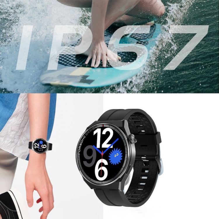 Black smartwatch on wrist with round display and patterned silicone strap