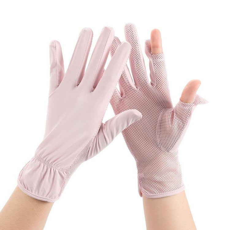 Pair of pink mesh sunscreen gloves with finger openings, breathable thin ice-silk fabric.
