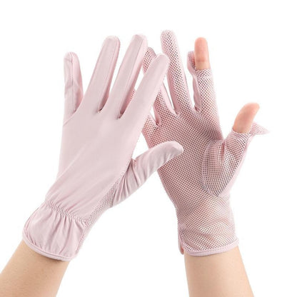 Pair of pink mesh sunscreen gloves with finger openings, breathable thin ice-silk fabric.