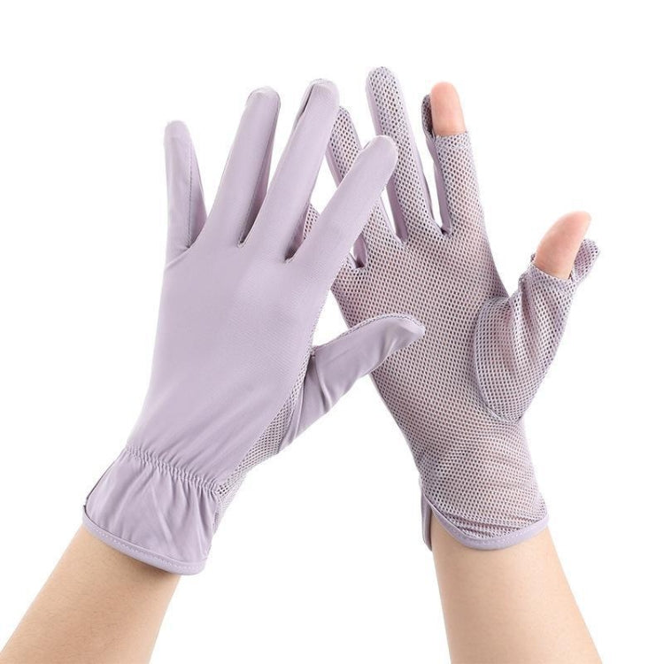 Pair of lavender mesh sunscreen gloves, thin breathable ice-silk fabric with finger openings.