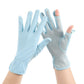 Pair of light blue mesh sunscreen gloves, thin breathable ice-silk fabric with finger openings.