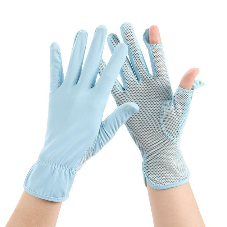 Pair of light blue mesh sunscreen gloves, thin breathable ice-silk fabric with finger openings.