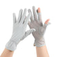 Pair of light gray mesh sunscreen gloves, thin breathable ice-silk fabric with finger openings.
