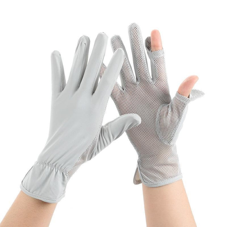 Pair of light gray mesh sunscreen gloves, thin breathable ice-silk fabric with finger openings.
