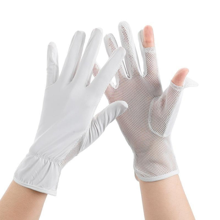 Pair of white mesh sunscreen gloves, thin breathable ice-silk fabric with finger openings.