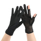 Pair of black mesh sunscreen gloves, thin breathable ice-silk fabric with finger openings.