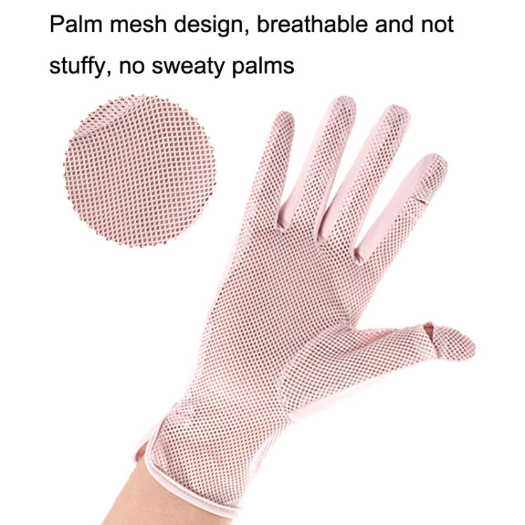 Pink breathable mesh palm sunscreen glove with finger openings, thin ice-silk fabric.