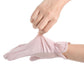 Pink thin mesh sunscreen glove on a hand, finger openings and elastic wrist cuff.