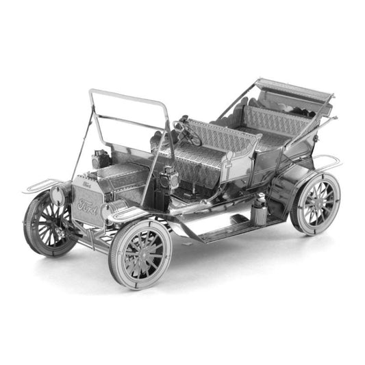 3D metal Model T assembly car, silver open chassis with wheels and bench seats
