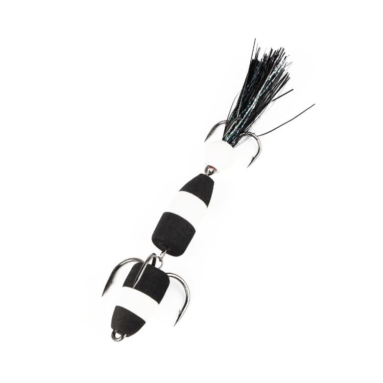 Soft foam fishing worm lure with three treble hooks, black-and-white striped foam, black bristles