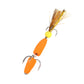 Soft foam fishing worm lure with three treble hooks, orange and yellow foam bodies, golden bristles