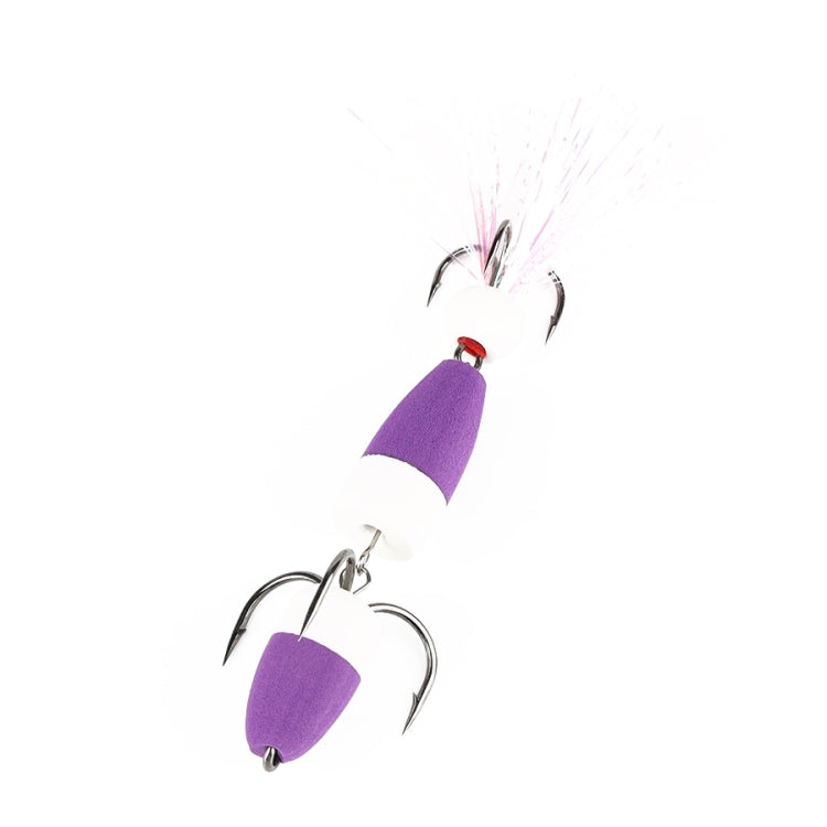 Purple foam worm bait lure with red tuft and two treble hooks