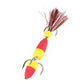 Colorful foam worm bait lure with yellow body, red skirt, and two treble hooks