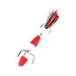 Red and white foam worm bait lure with red bristle tuft and two treble hooks