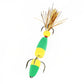 Green foam worm bait lure with yellow head, yellow stripe, and two treble hooks