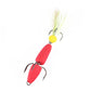 Red and white foam worm bait lure with yellow head tuft and two treble hooks