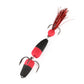 Foam worm lure with three treble hooks and feather tail, red and black