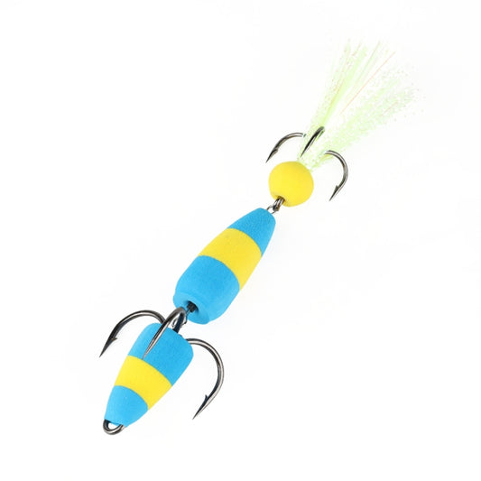 Foam worm lure with three treble hooks and feather tail, blue and yellow