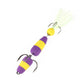 Foam worm lure with three treble hooks and feather tail, purple and yellow