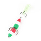Foam worm lure with three treble hooks and feather tail, green and red
