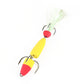 Foam worm lure with three treble hooks and feather tail, yellow and red