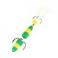 Foam worm lure with three treble hooks and feather tail, green and yellow
