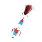 Foam hook worm bait with blue-and-white body, red bands, triple hooks