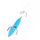 Foam hook worm bait with light blue body and three wire hooks with red tuft