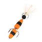 Foam hook worm bait with orange and black segmented body, pale feather tuft, hooks