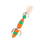 Foam hook worm bait with orange-and-green striped body, light feather tuft, triple hooks