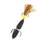 Foam hook worm bait with dark body, yellow head, gold feather tuft, three hooks