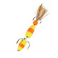 Foam hook worm bait with orange-and-yellow striped body, gold feather tuft, three hooks