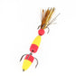 Foam hook worm bait with yellow and red segmented body, red foam head, feather tuft