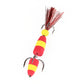 Soft foam fishing worm lure with three treble hooks, yellow and red striped bodies, red bristles