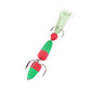 Soft foam fishing worm lure with three treble hooks, green and red striped bodies, green bristles