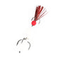 Soft foam fishing worm lure with three treble hooks, red foam body with black treble, red bristles