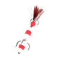 Soft foam fishing worm lure with three treble hooks, red foam body pieces, red bristles
